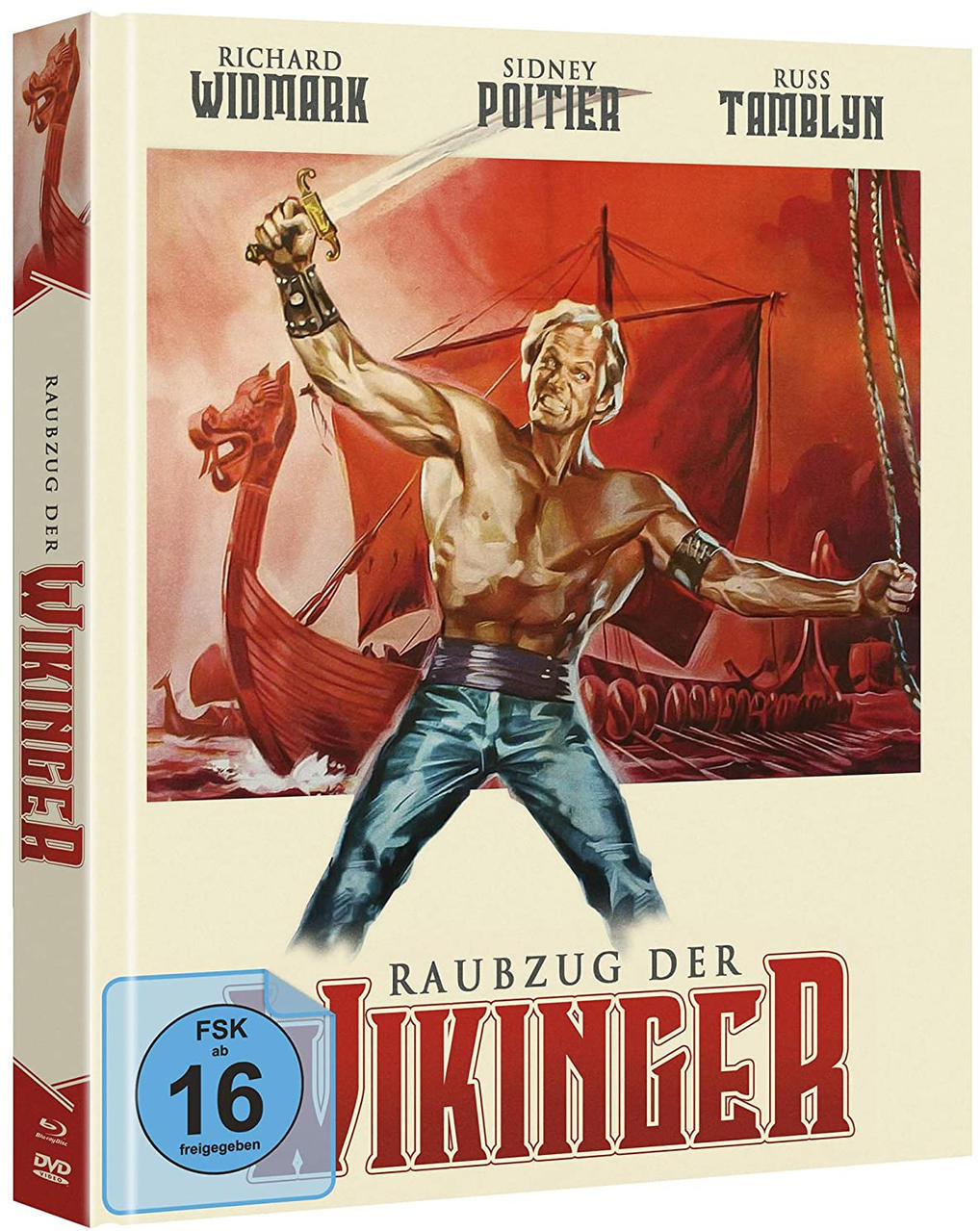 DVD-Box für den Film Wikinger. Zeigt einen Mann mit Schwert auf einem Boot.