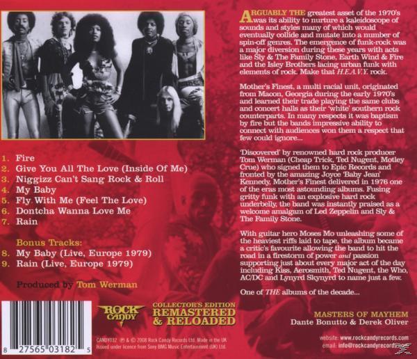 Rückseite des Albums mit der Band Mother's Finest. Text zu den Titeln und Details des Albums.