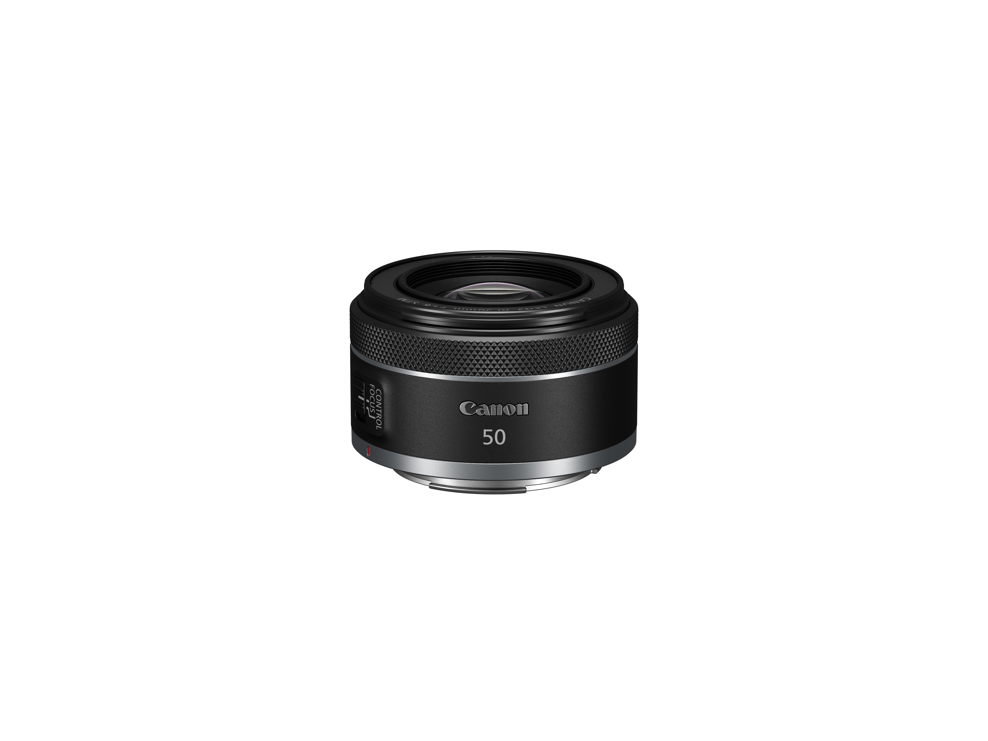 Gümüş detaylara sahip siyah bir Canon 50mm lens, izole edilmiş.