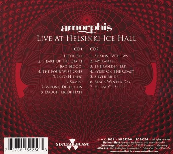 CD-Cover von Amorphis 'Live at Helsinki Ice Hall'. Roter Hintergrund mit Titelliste.