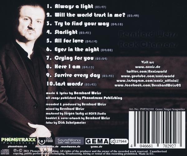 CD-Cover mit einem Männergesicht, Text: Bernhard Weiss Rock Chansons und eine Liste der Songs.