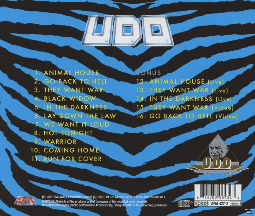 CD-Cover mit blauem Tigerstreifen-Hintergrund, UDO-Logo und Trackliste.