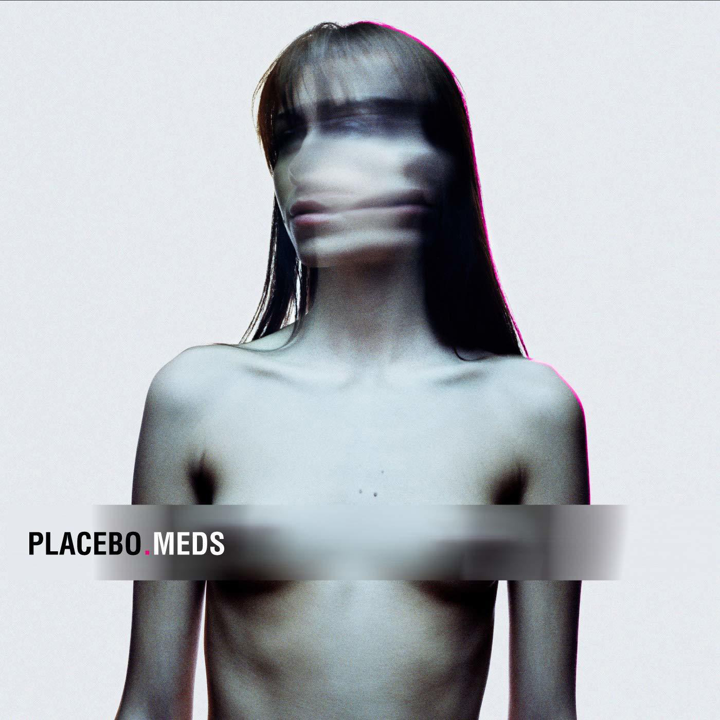 Verschwommenes Gesicht einer Frau, mit dem Albumtitel 'Placebo Meds'.