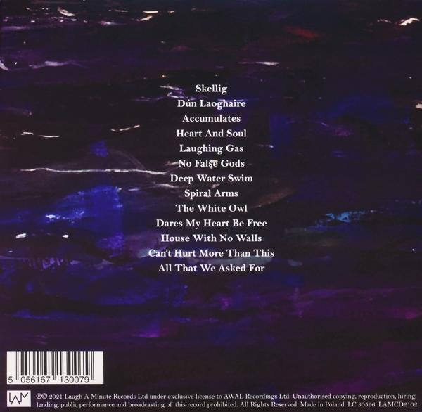 Albumcover mit einer Liste von Songtiteln in Weiß, vor einem dunklen, violett getönten Hintergrund.