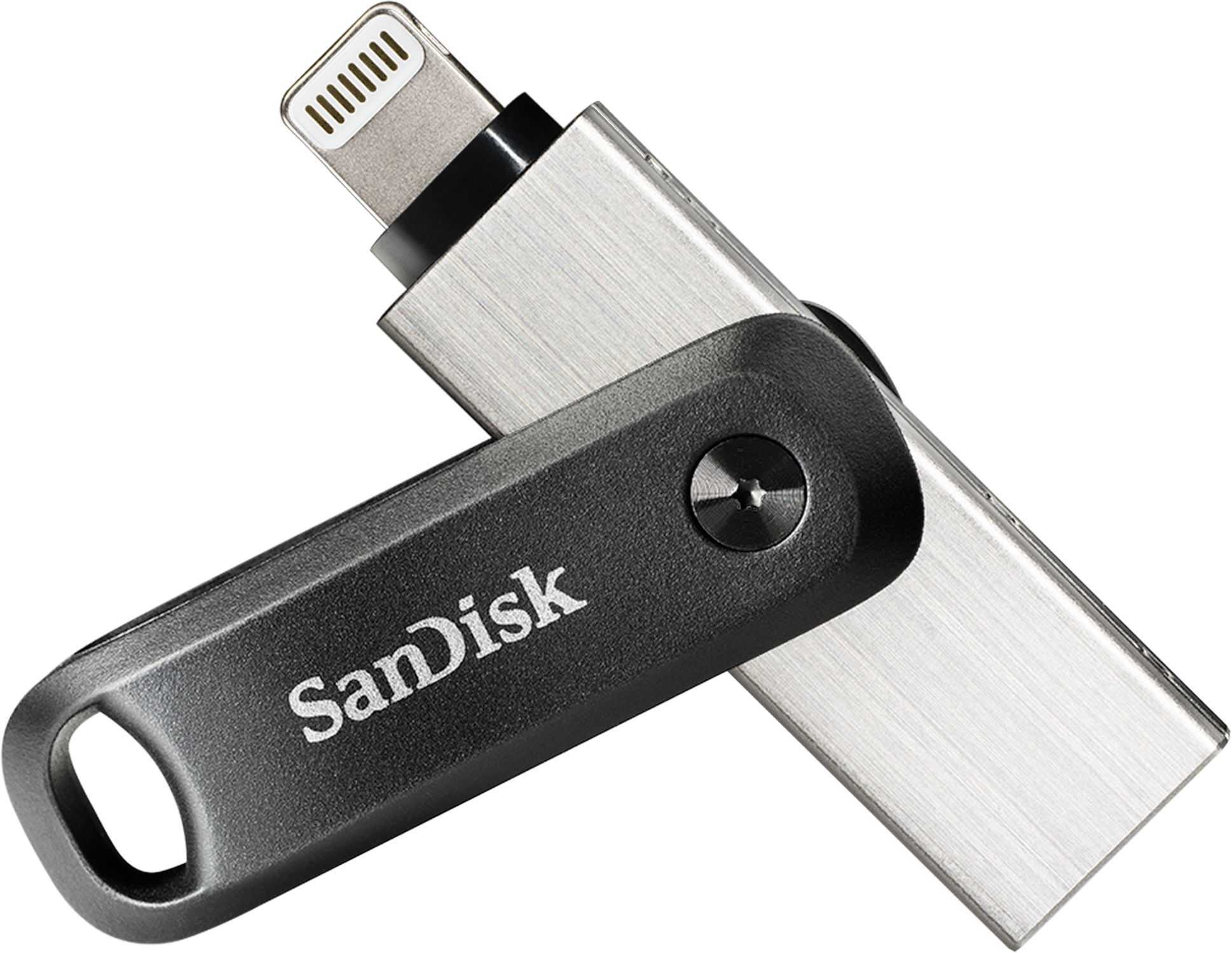 Silver and black SanDisk USB drive, with lightning connector.