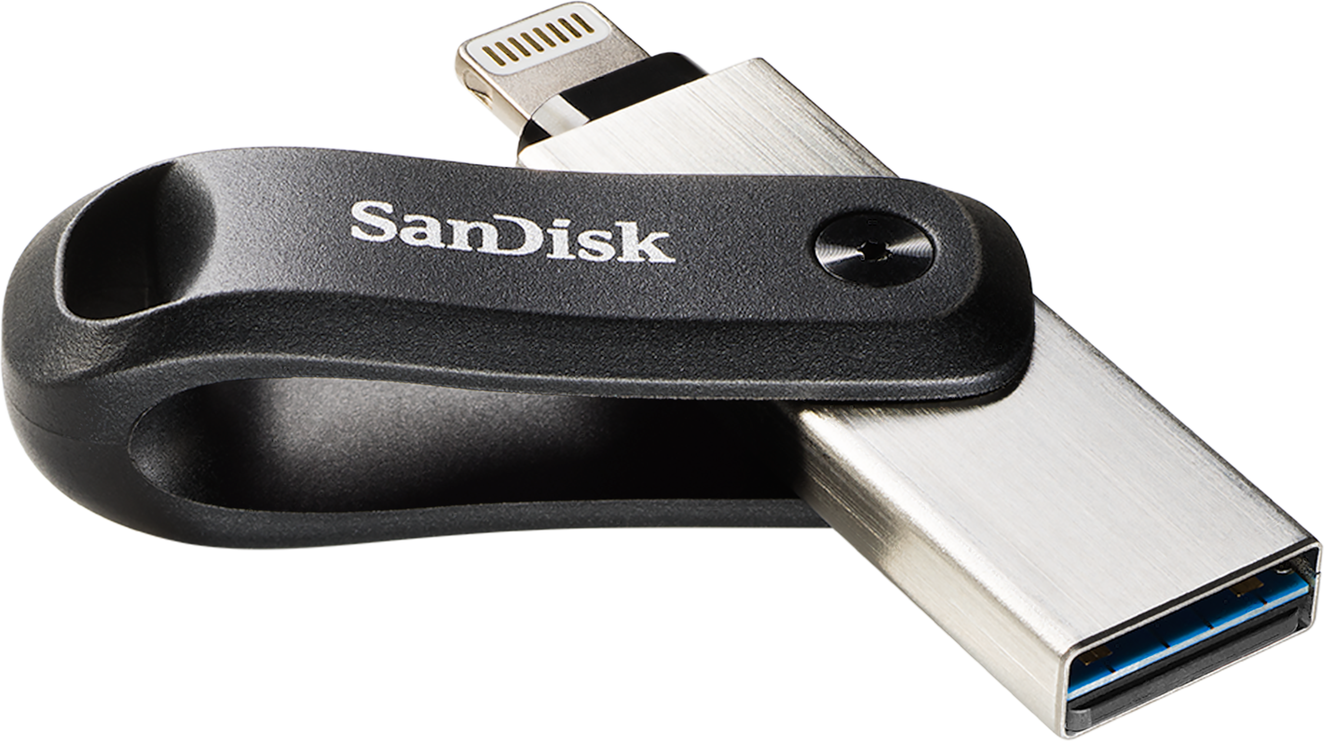 Sandisk USB flash drive, black and silver, on a black background.