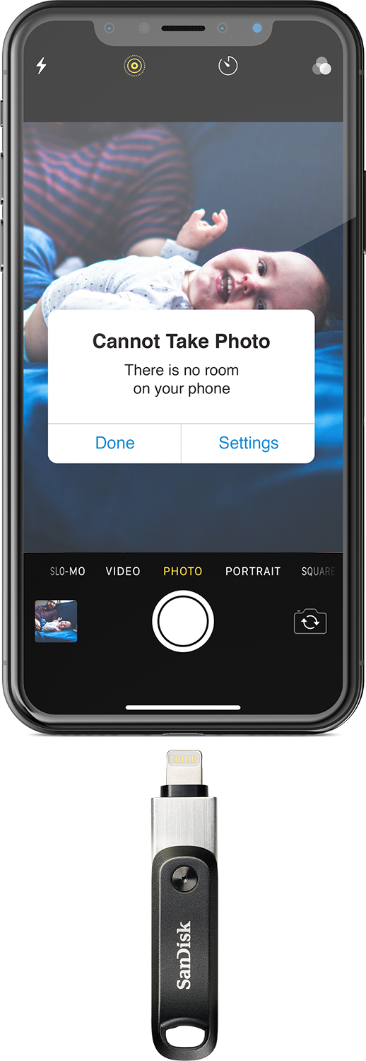 A phone with an error message: 'Cannot Take Photo. There is no room on your phone.'