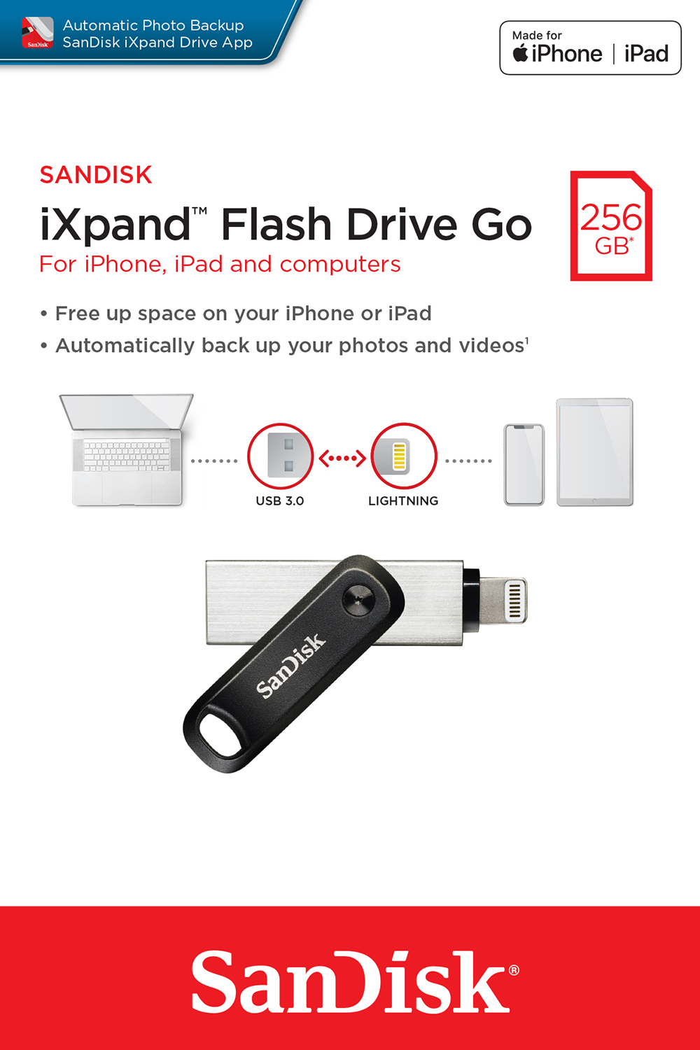 White background with a black and silver USB drive. Text reads 'iXpand Flash Drive Go' and '256 GB'.