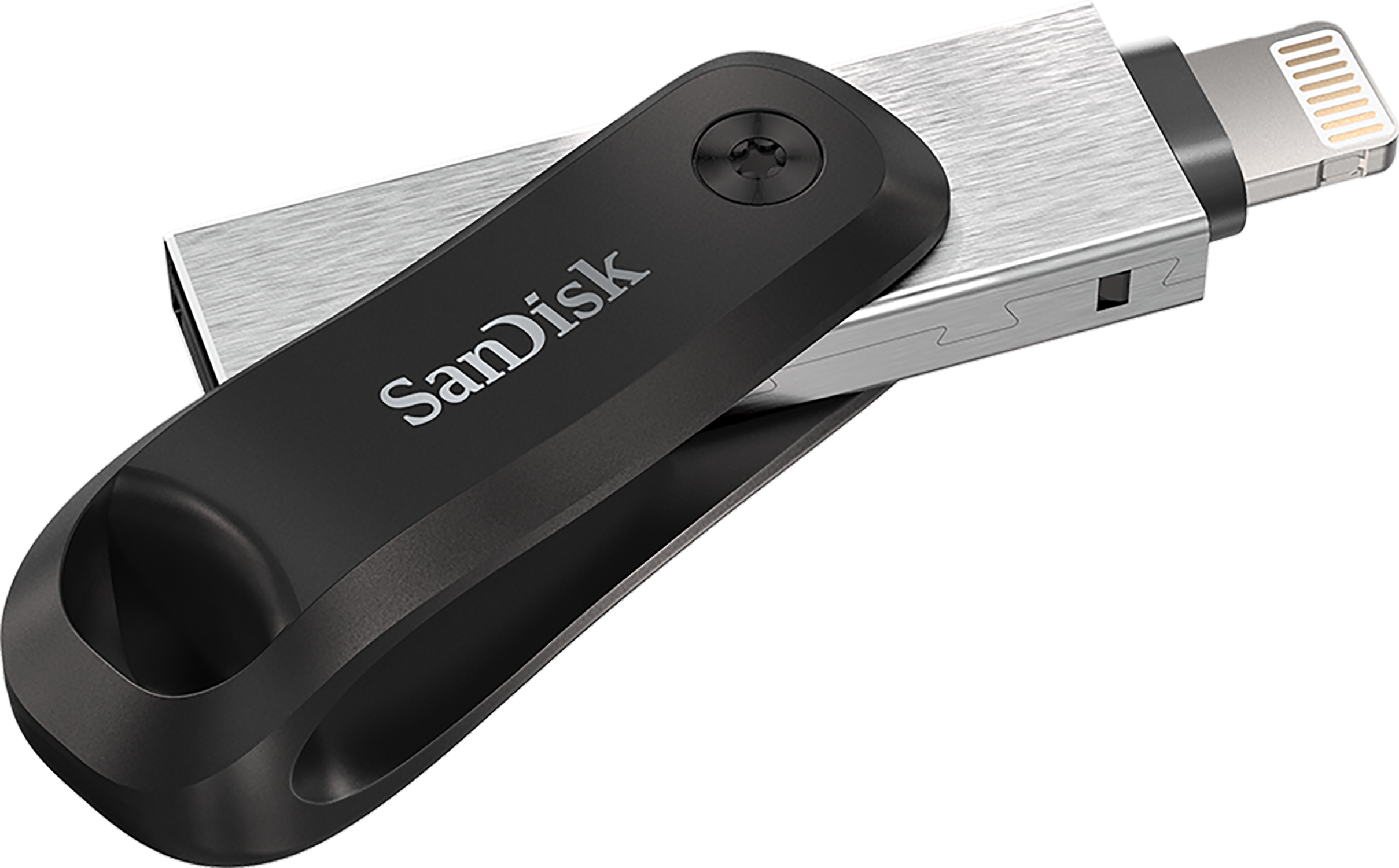 Sandisk USB drive with a black handle and a silver connector, angled view.