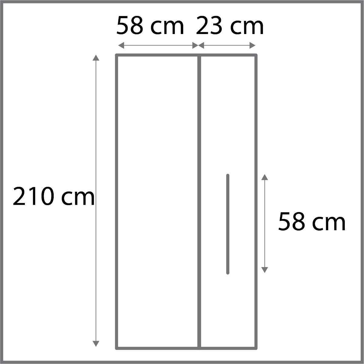 Diagramme d'une armoire avec dimensions: 210cm de haut, 58cm et 23cm de large, et 58cm pour la poignée.
