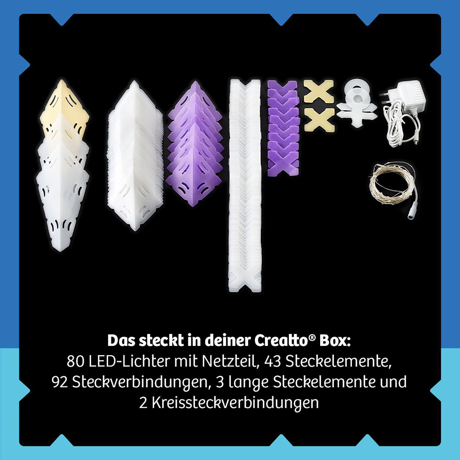 Verschiedene weiße und lila Creatto Box Elemente auf dunklem blauen Hintergrund.