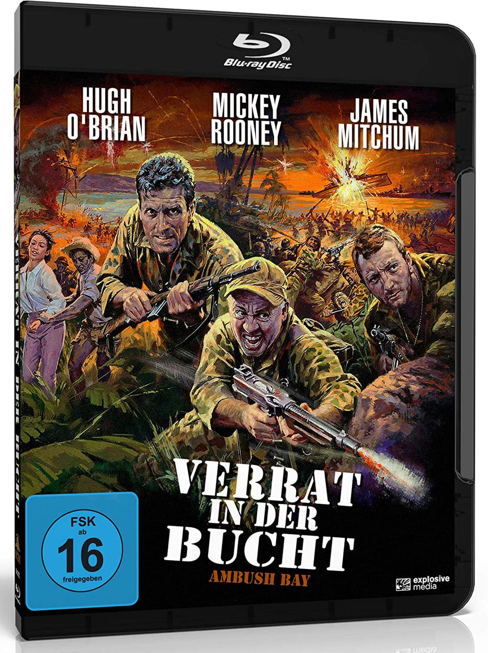 Filmcover, Kriegsszene: Soldaten mit Waffen, Explosionen, Schauspielernamen. Titel: Verrat in der Bucht. Blu-ray Disc.