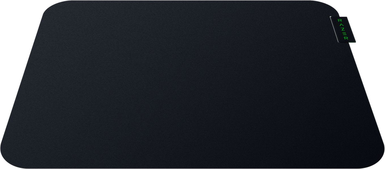 Ein schwarzes Razer-Mauspad mit grünem Razer-Logo in der oberen rechten Ecke.