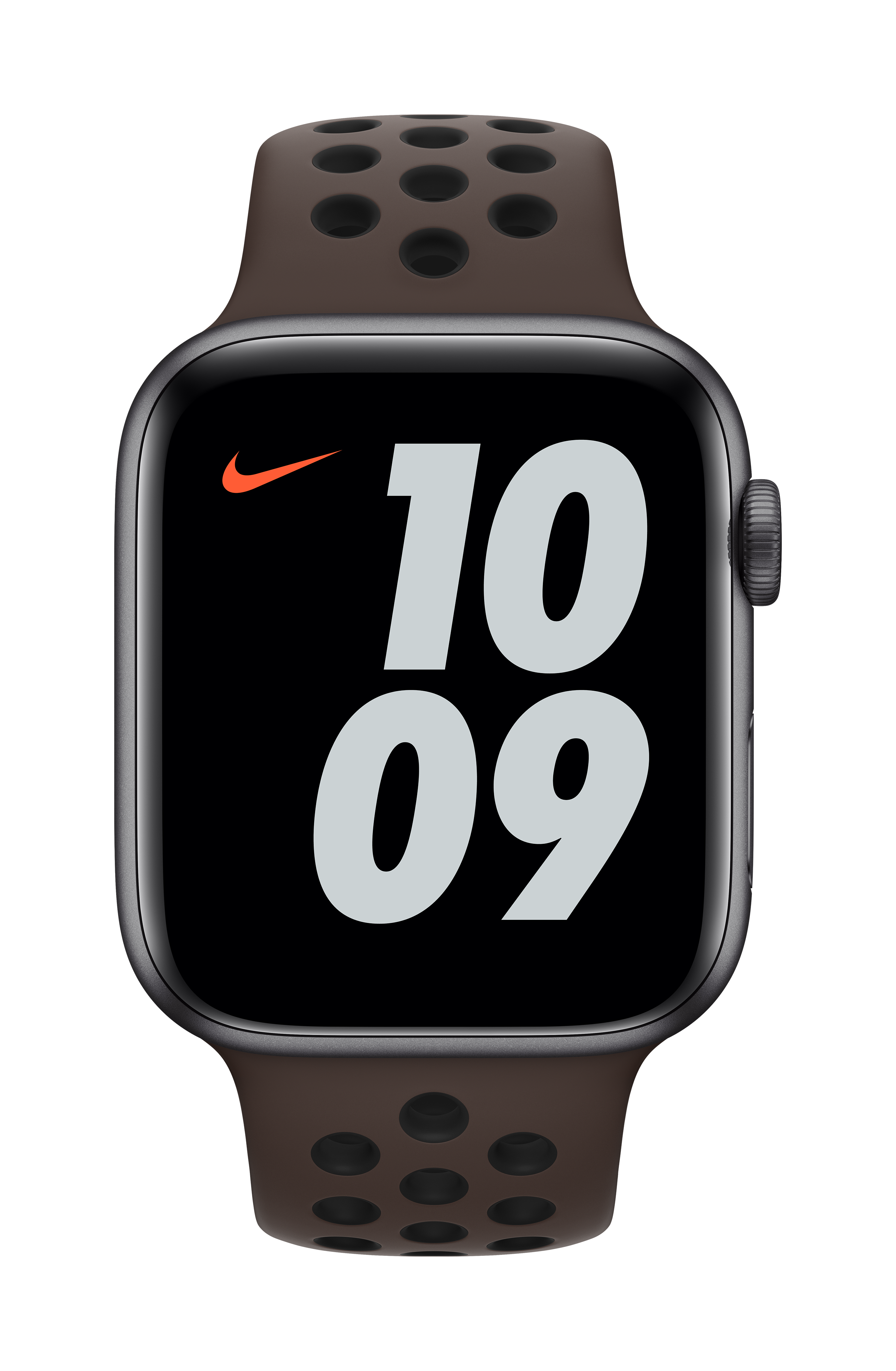 Un Apple Watch negro con la hora 10:09 en la pantalla.