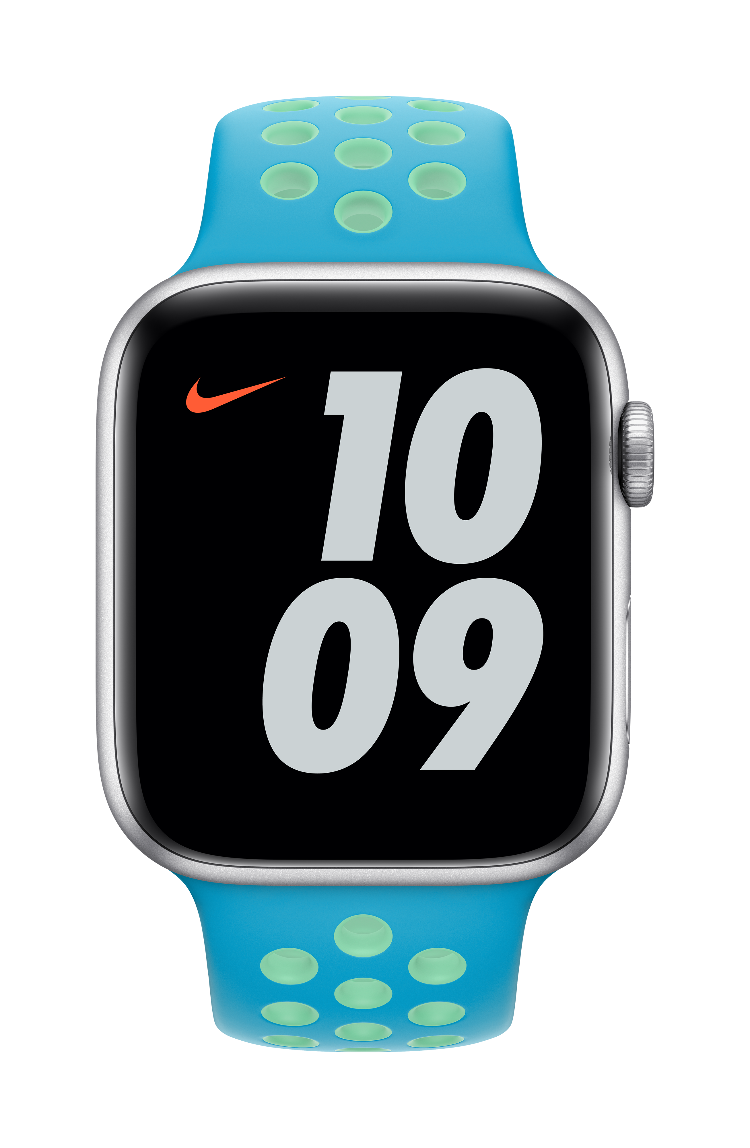 Apple Watch plateado con correa Nike azul y puntos verde claro.