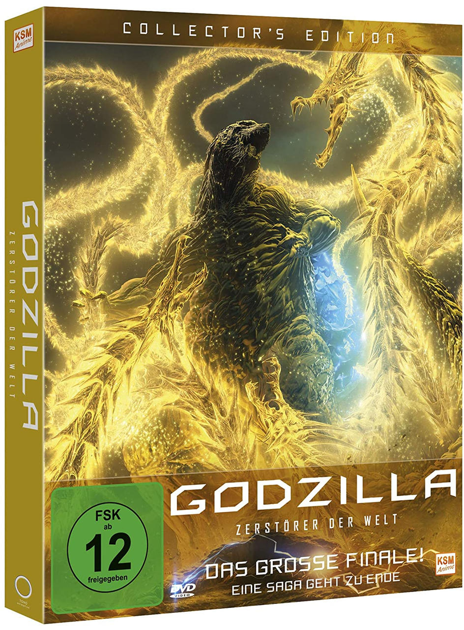 DVD-Box von Godzilla: Zerstörer der Welten, mit Godzilla-Grafik auf der Vorderseite, Gold- und Schwarztöne.