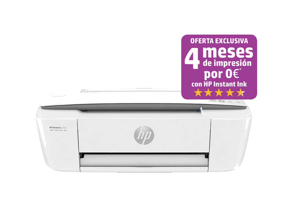 Impresora HP DeskJet blanca con un banner de oferta exclusiva para 4 meses de impresión gratis.