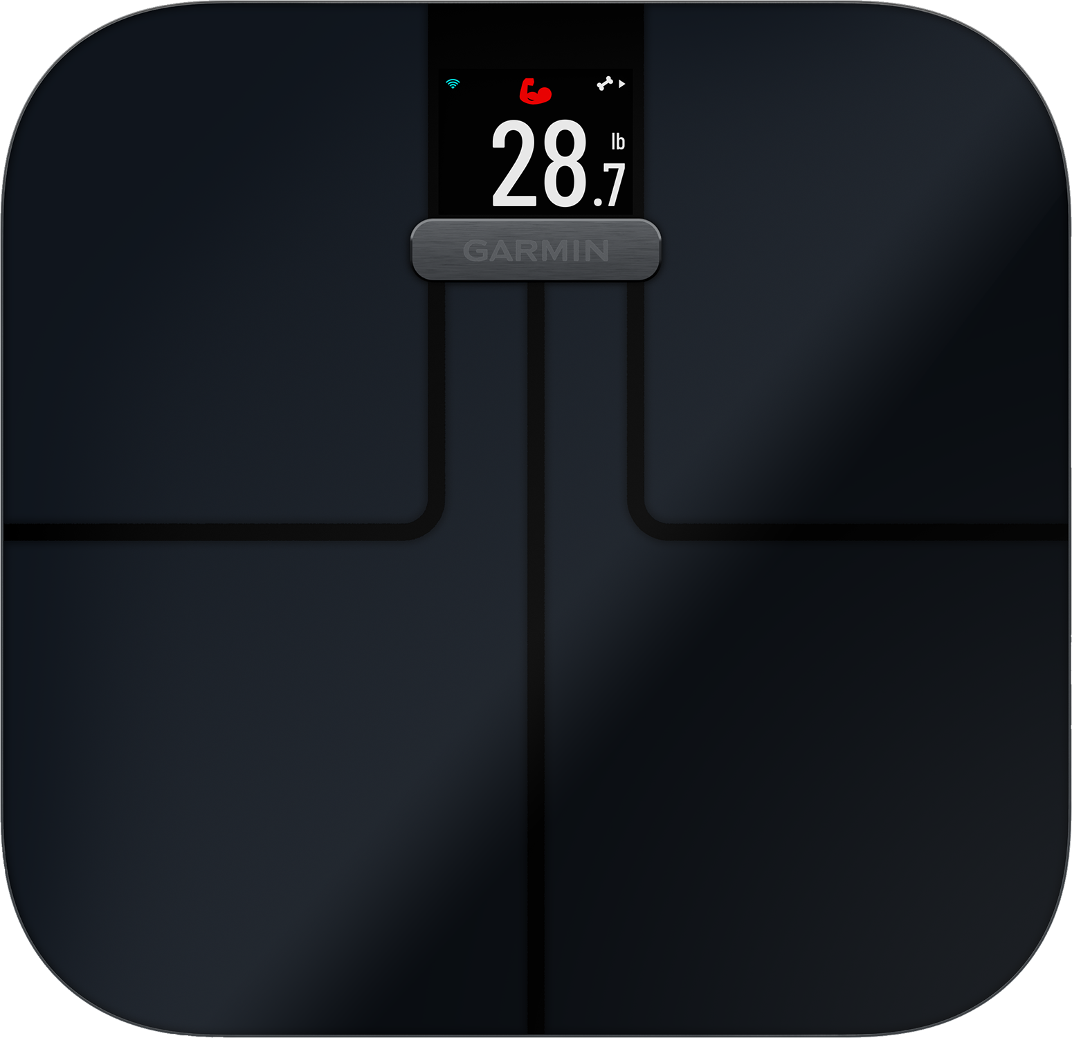 Zwarte slimme weegschaal met digitaal display met gewicht: 28,7 lb. De merknaam is Garmin.