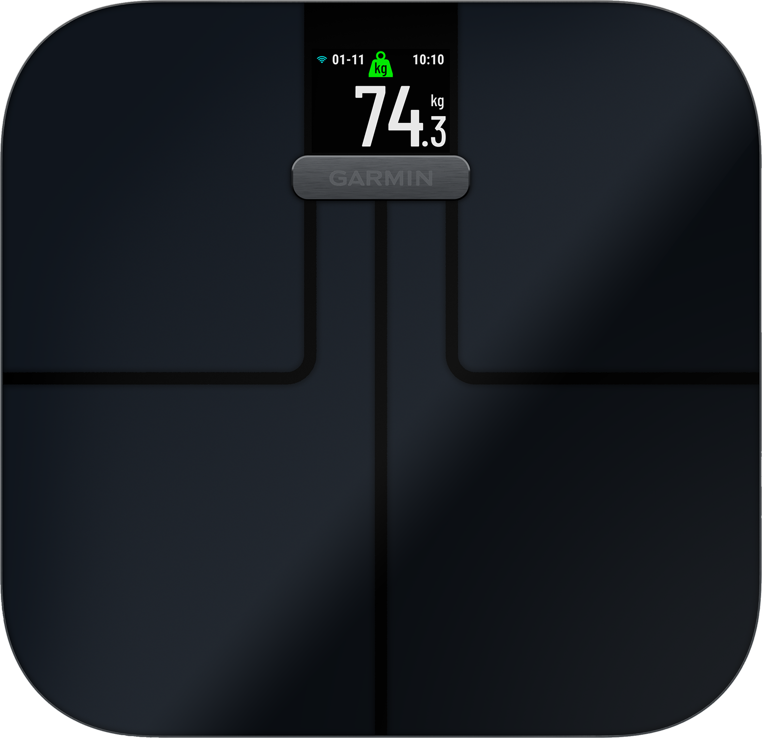 Zwarte Garmin weegschaal met 74,3 kg, met het Garmin-logo.