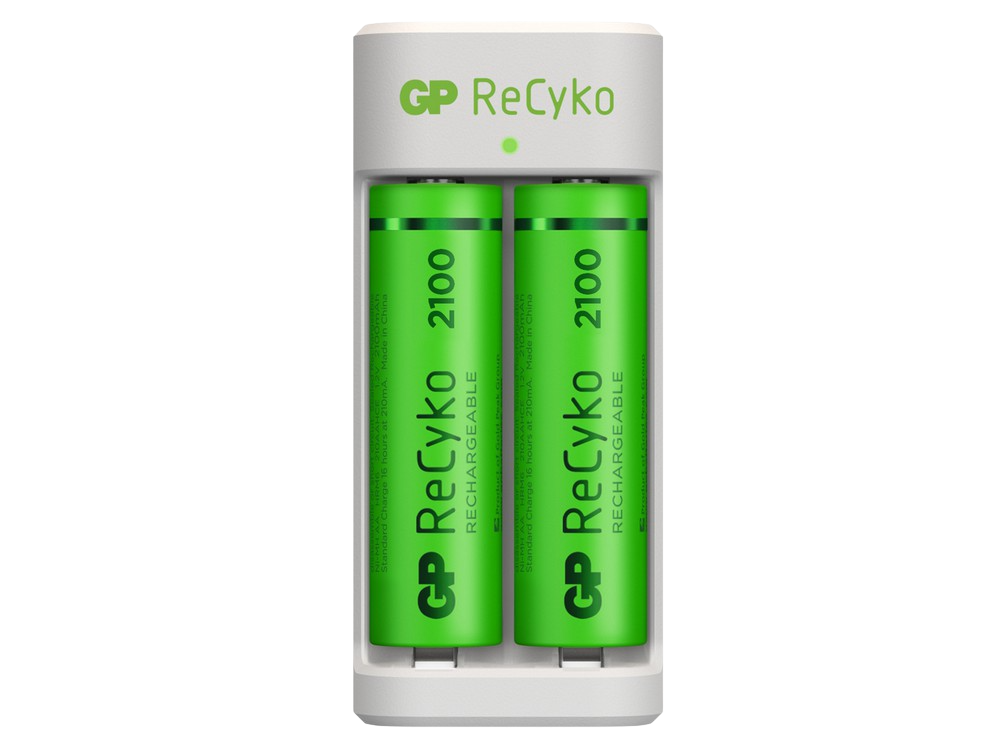 Pilas recargables con cargador - GP Eco E211, 2x Pilas AA ReCyko 2000, MicroUSB, Verde