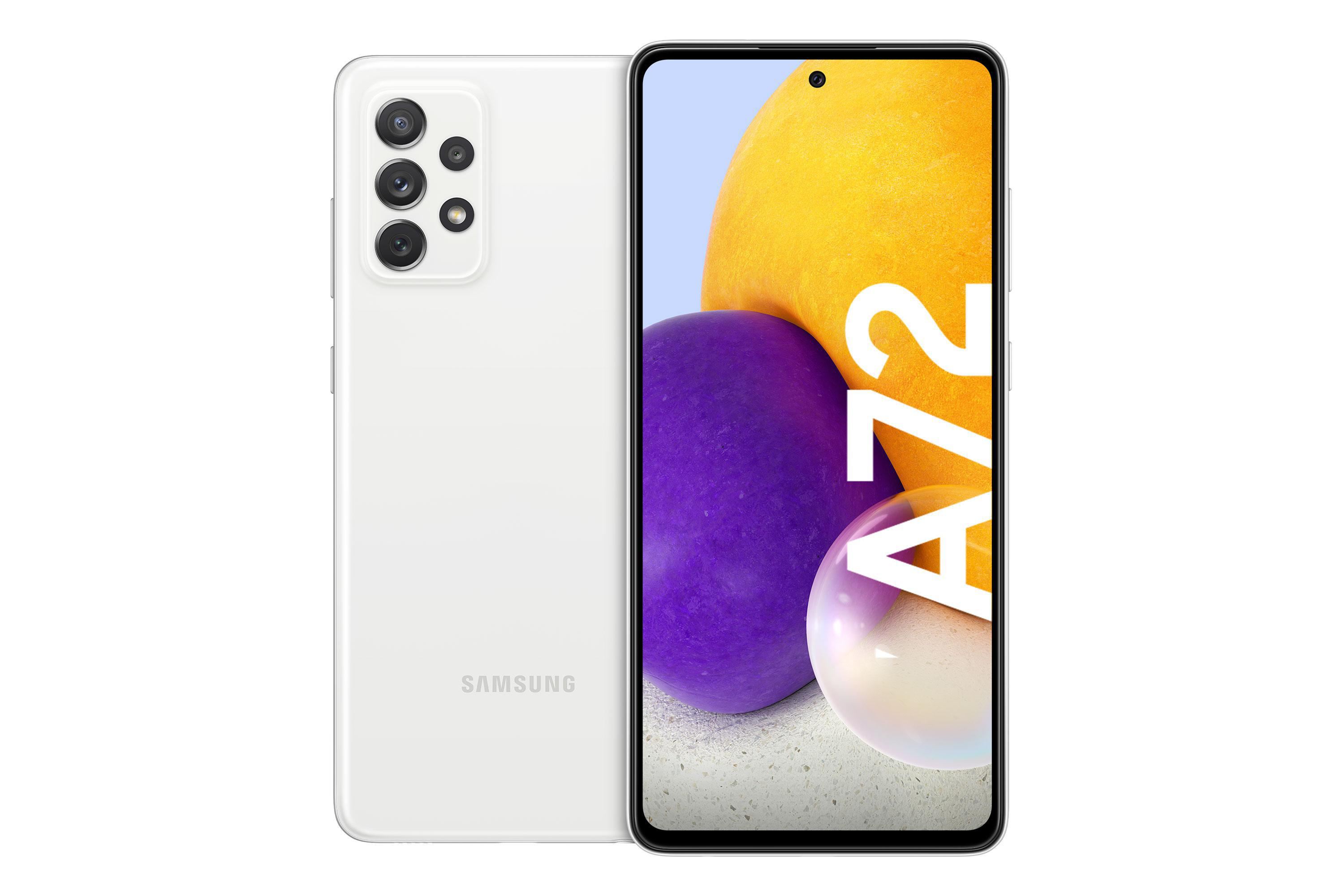 Weißes Samsung A72-Telefon, Rück- und Vorderansicht, auf weißem Hintergrund.