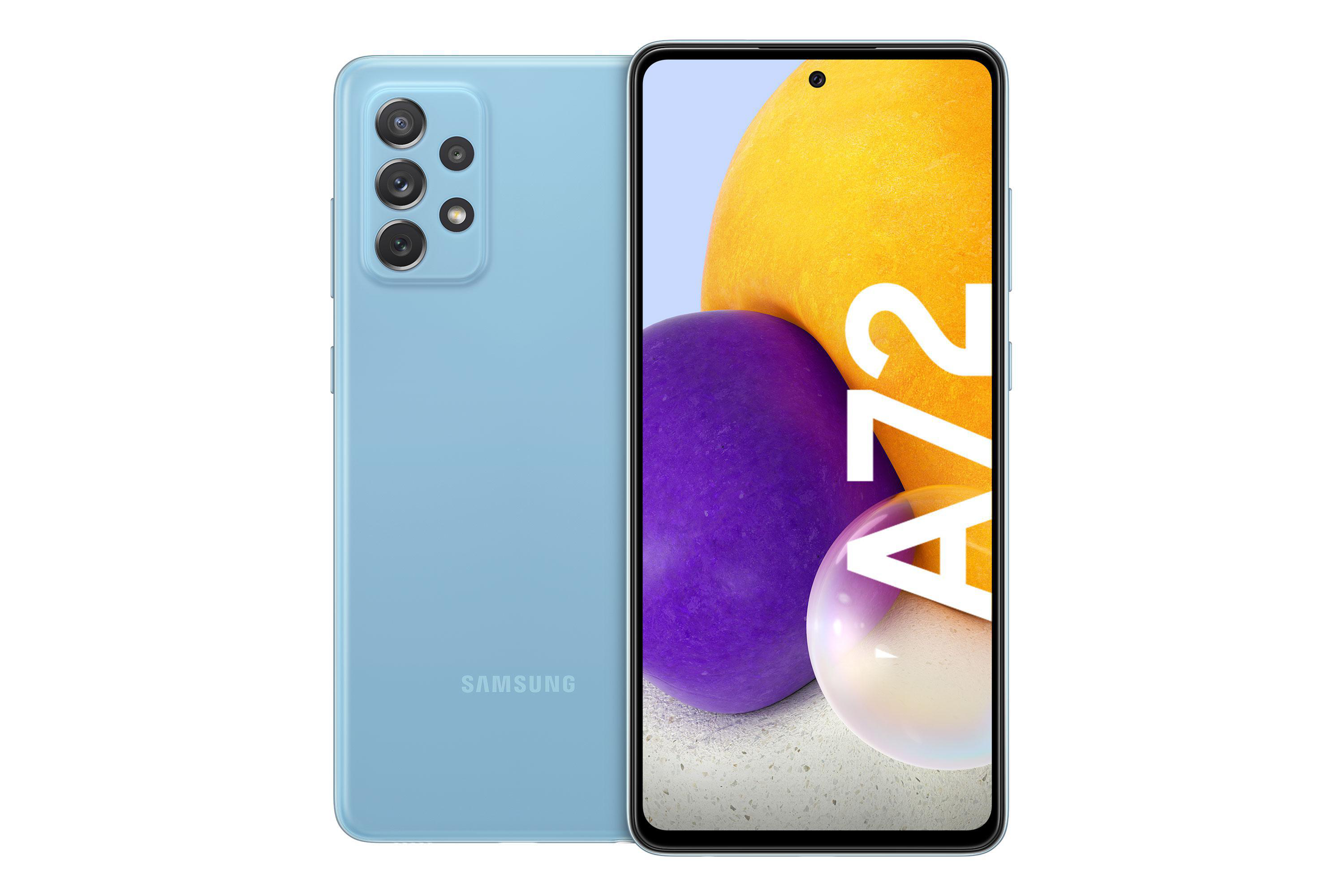 Blaues Samsung Galaxy A72 Telefon, Rück- und Vorderansicht. Gelber und violetter Bildschirm.