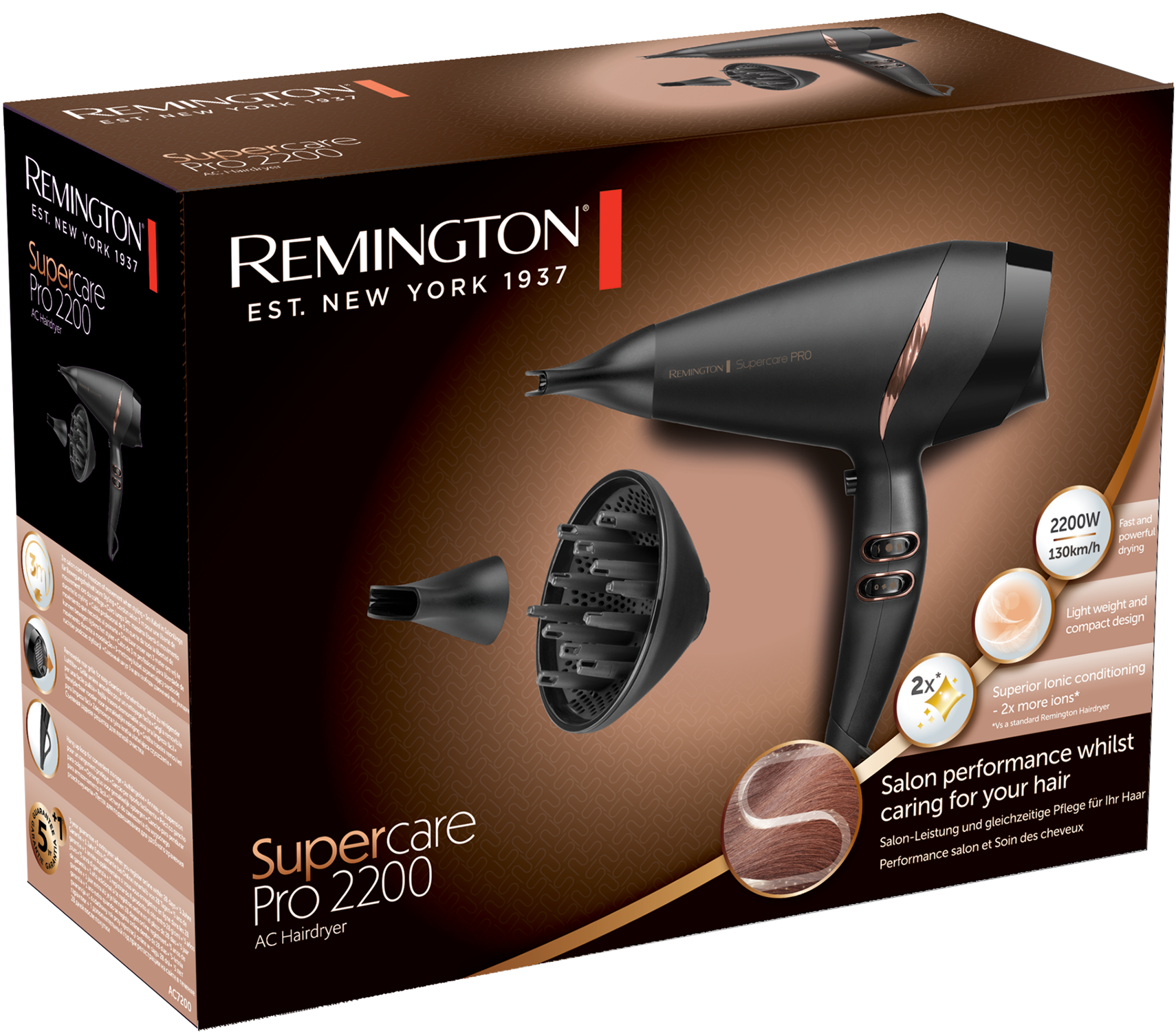 Een zwarte Remington Supercare Pro 2200 haardroger en de doos op een witte achtergrond.