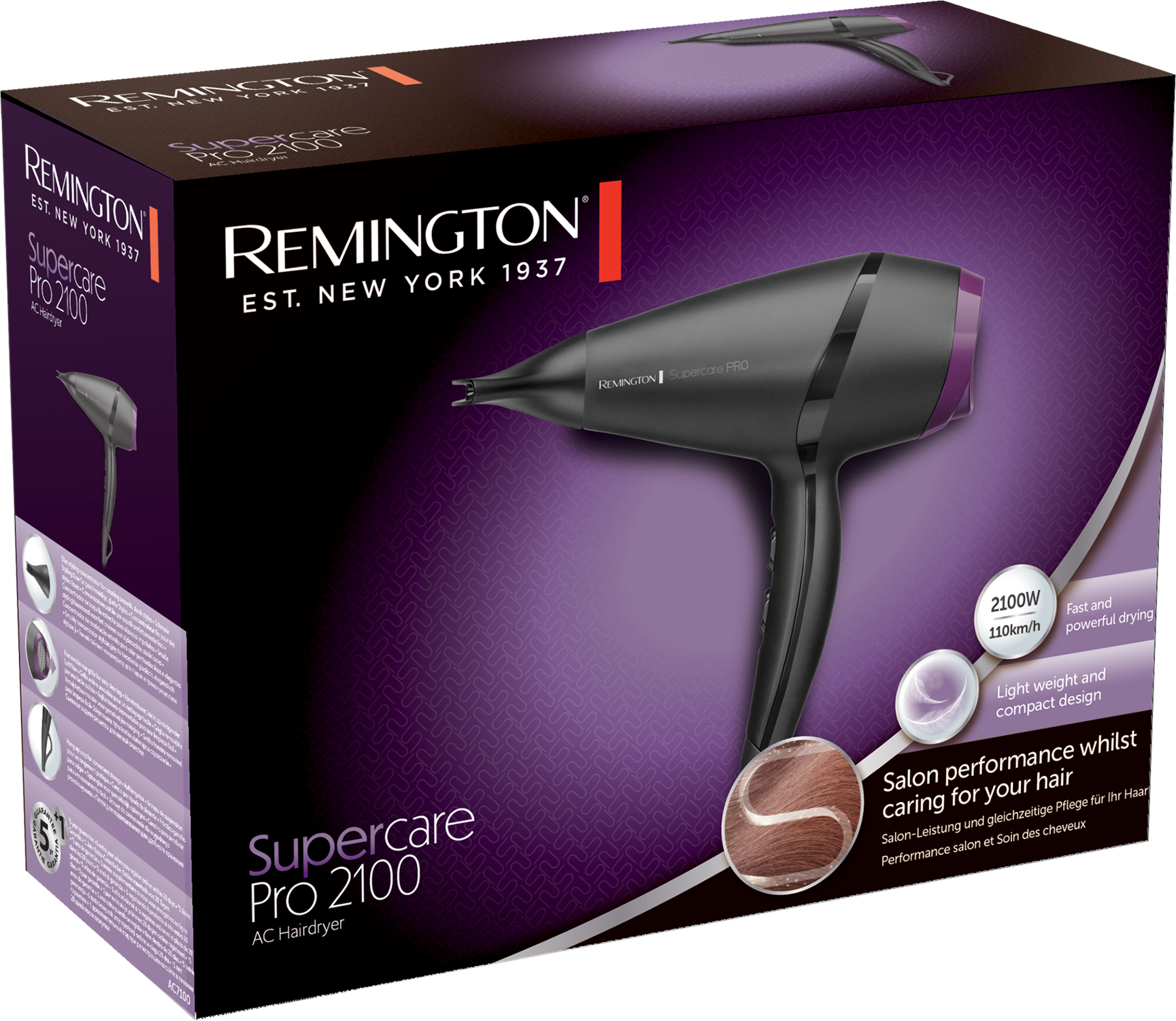 Haardrogerdoos met een zwarte droger. 'Remington' en 'Supercare Pro 2100' labels.
