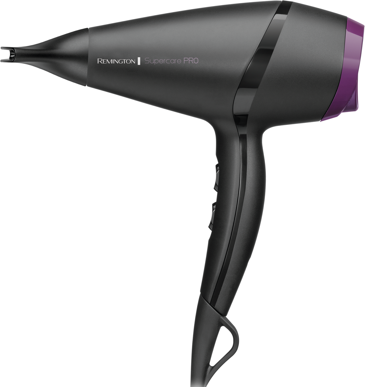Zwarte haardroger met paars uiteinde. Merknaam Remington staat op de zijkant.