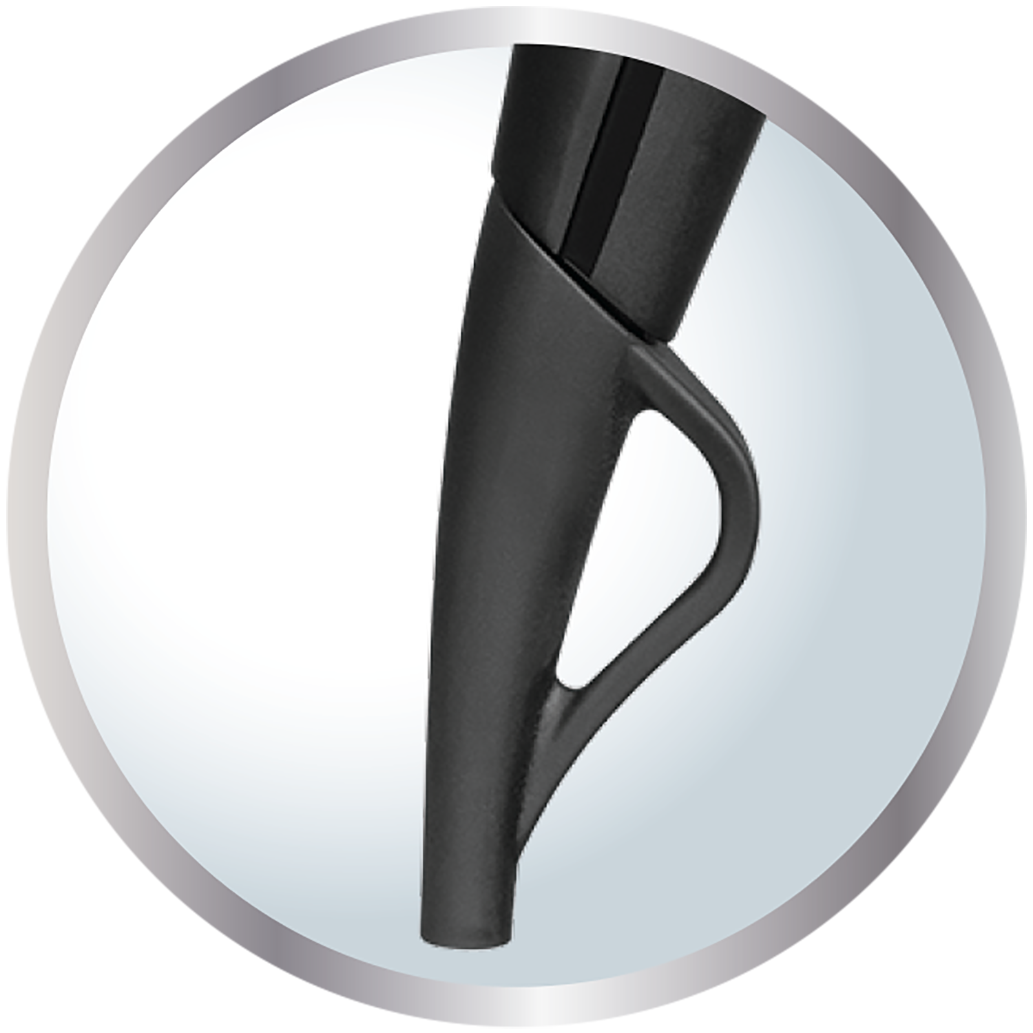 Close-up van een zwart haarstylingtool met een gebogen handvat en een gat.