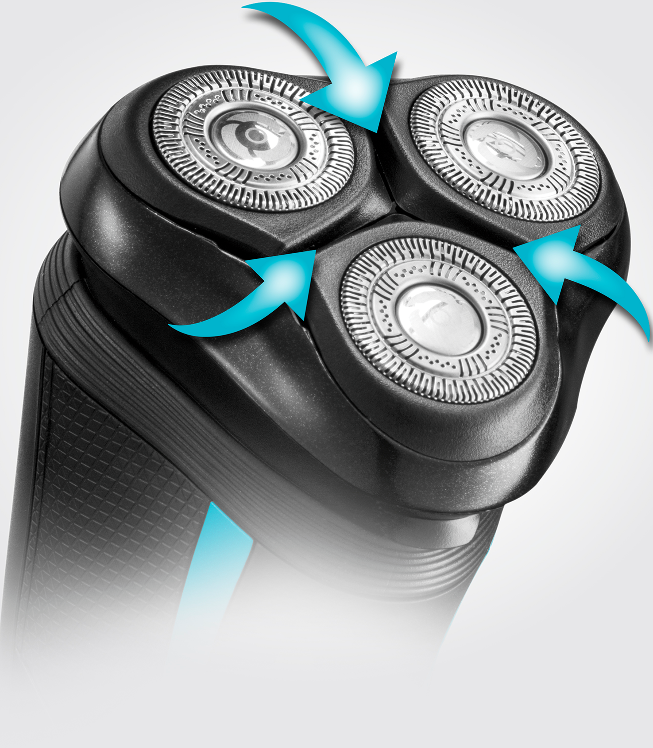 Close-up of a black electric shaver. Three rotating heads are visible with blue arrows.