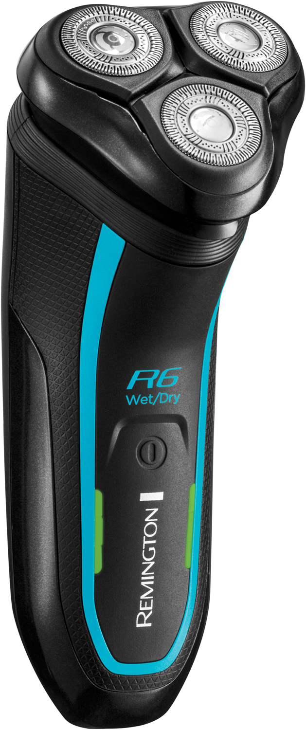 Black and blue Remington R6 Wet/Dry electric shaver with three rotary heads and a green power button.