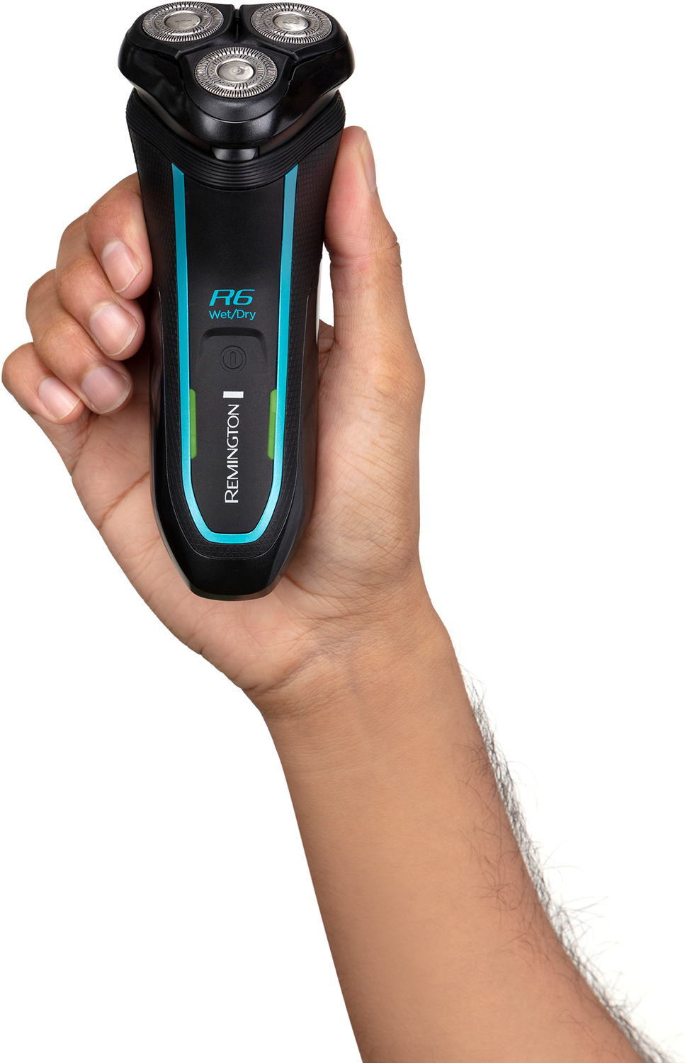 A hand holding a black and blue Remington R6 Wet/Dry shaver. The shaver has three rotating heads.