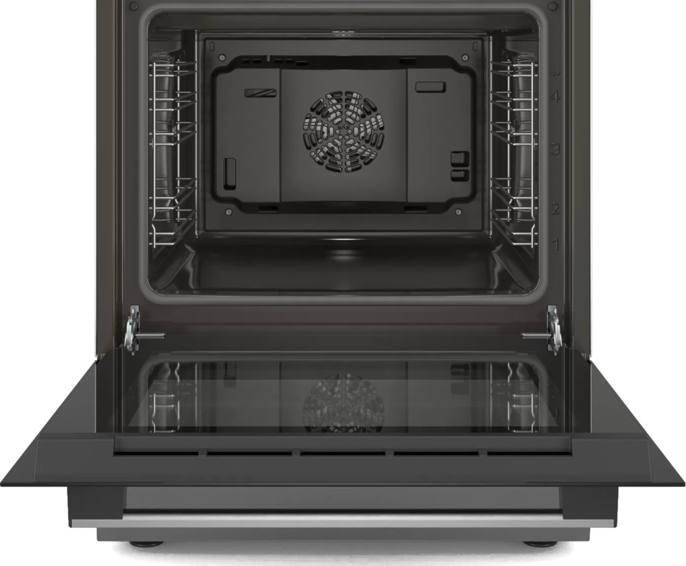 Open oven interior with racks and fan visible. The door is open.