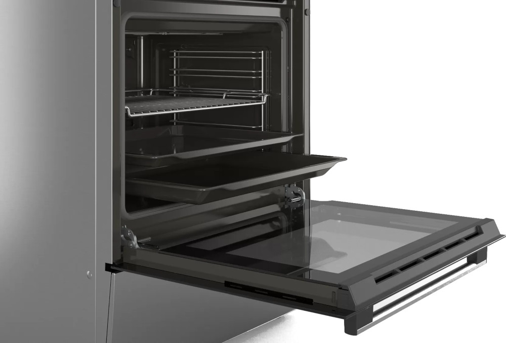 Open oven with trays inside. Visible stainless steel exterior.