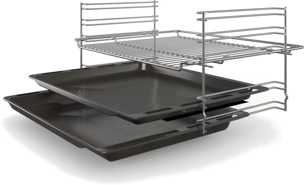 Oven racks and trays. Two dark trays are below a wire rack. The rack is metallic.