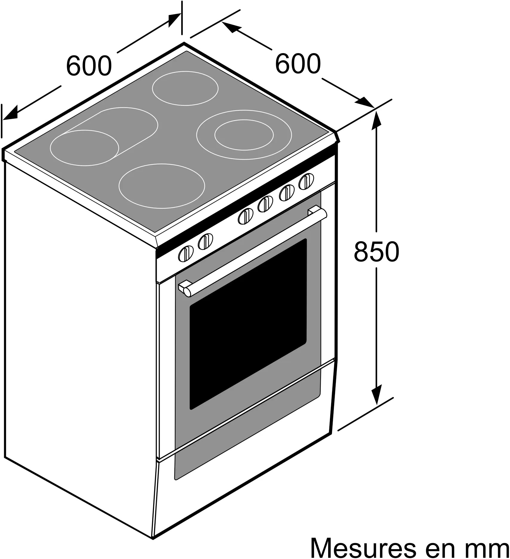 A schematic drawing of a stove, with dimensions in mm. The stove is white.
