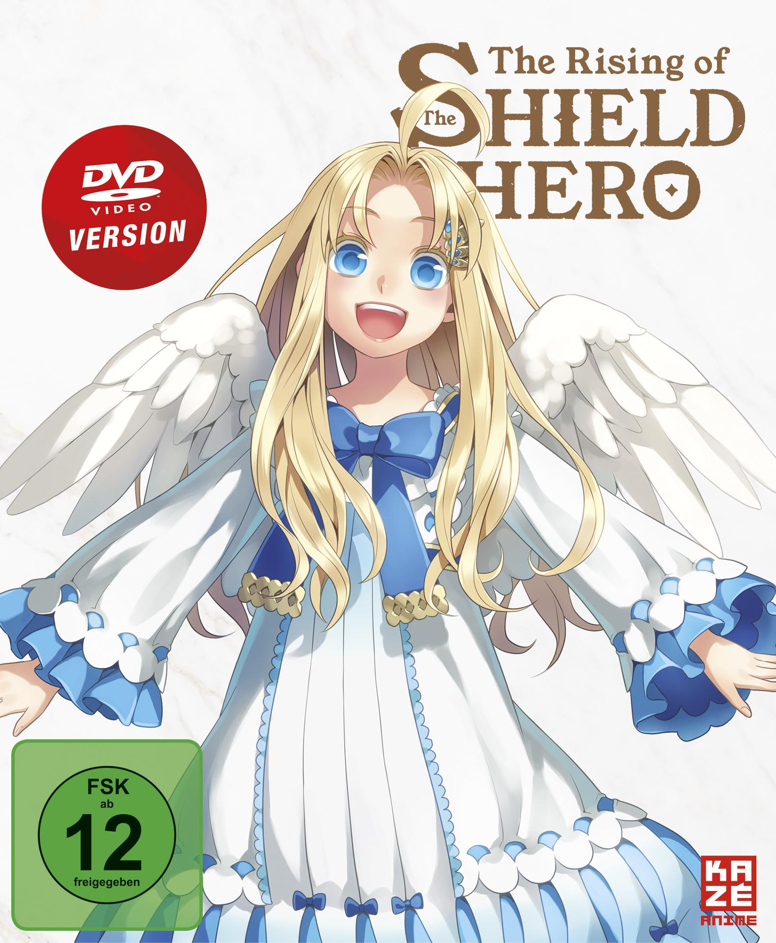 Anime-DVD-Cover mit einem Mädchen mit blonden Haaren, Flügeln und dem Titel 'The Rising of the Shield Hero'.
