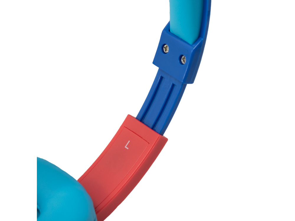 Blau-rote Kopfhörer, Nahaufnahme des Kopfbands. 'L' ist auf dem roten Teil markiert.