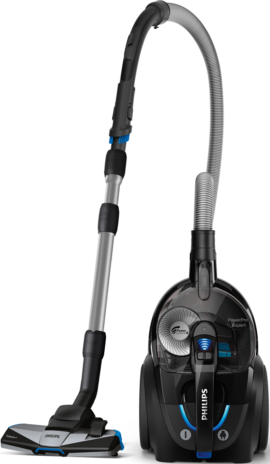 Een zwarte Philips stofzuiger met een lange steel en slang.