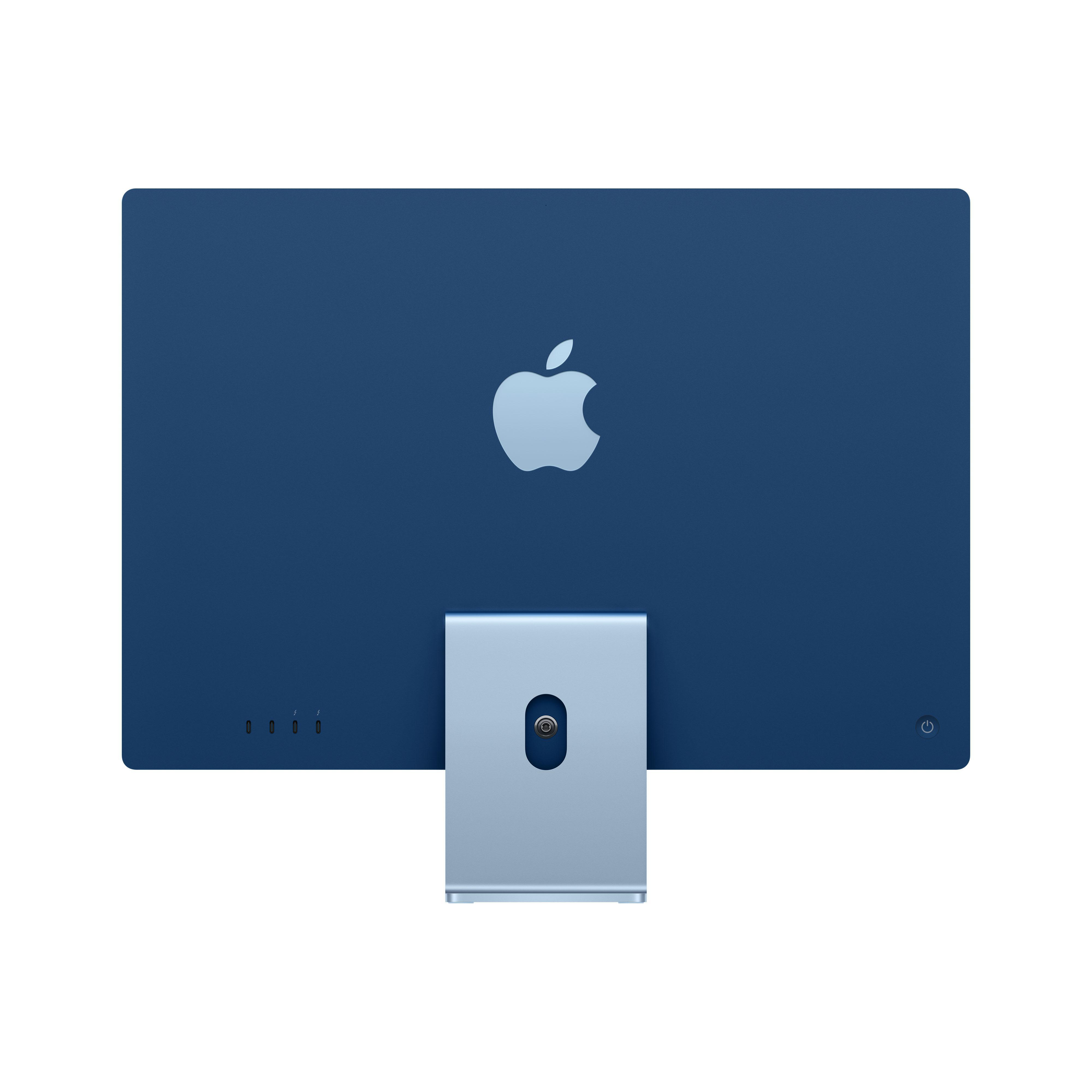 Die Rückseite eines blauen Apple iMac, mit Apple-Logo und Ständer.