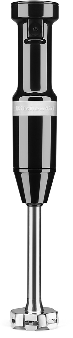Fekete KitchenAid botmixer. Hosszú szárral és bekapcsológombbal rendelkezik a tetején.