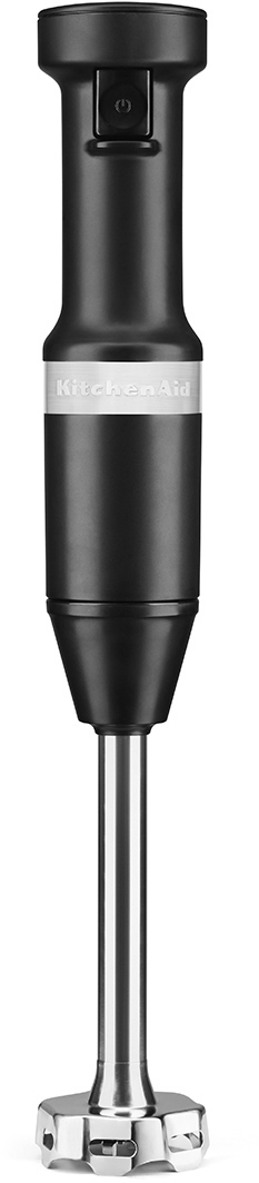 Fekete KitchenAid botmixer fémes keverő feltéttel. Bekapcsológomb a tetején.