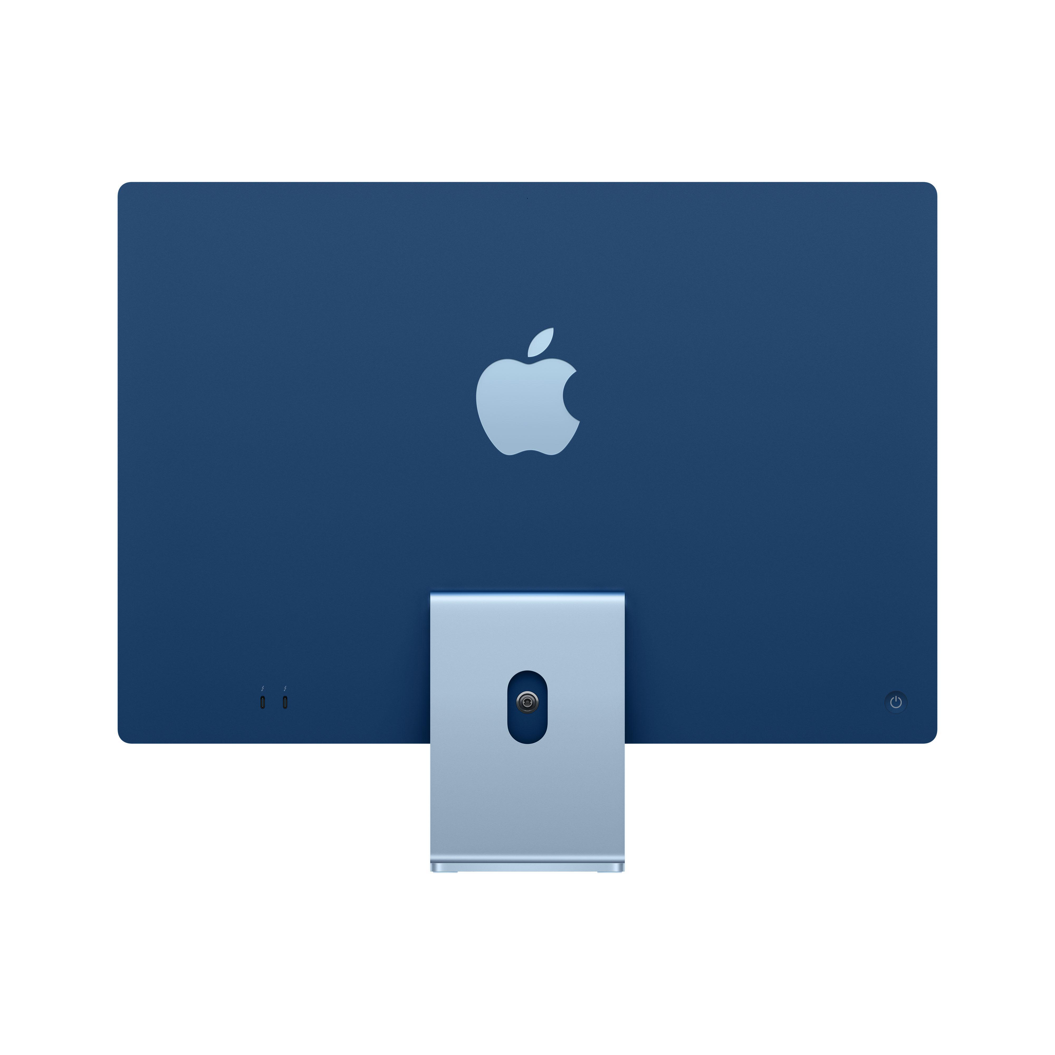 Rückansicht eines blauen iMac-Desktop-Computers. Apple-Logo sichtbar. Silberner Ständer. Anschlüsse und Ein-/Ausschalter.
