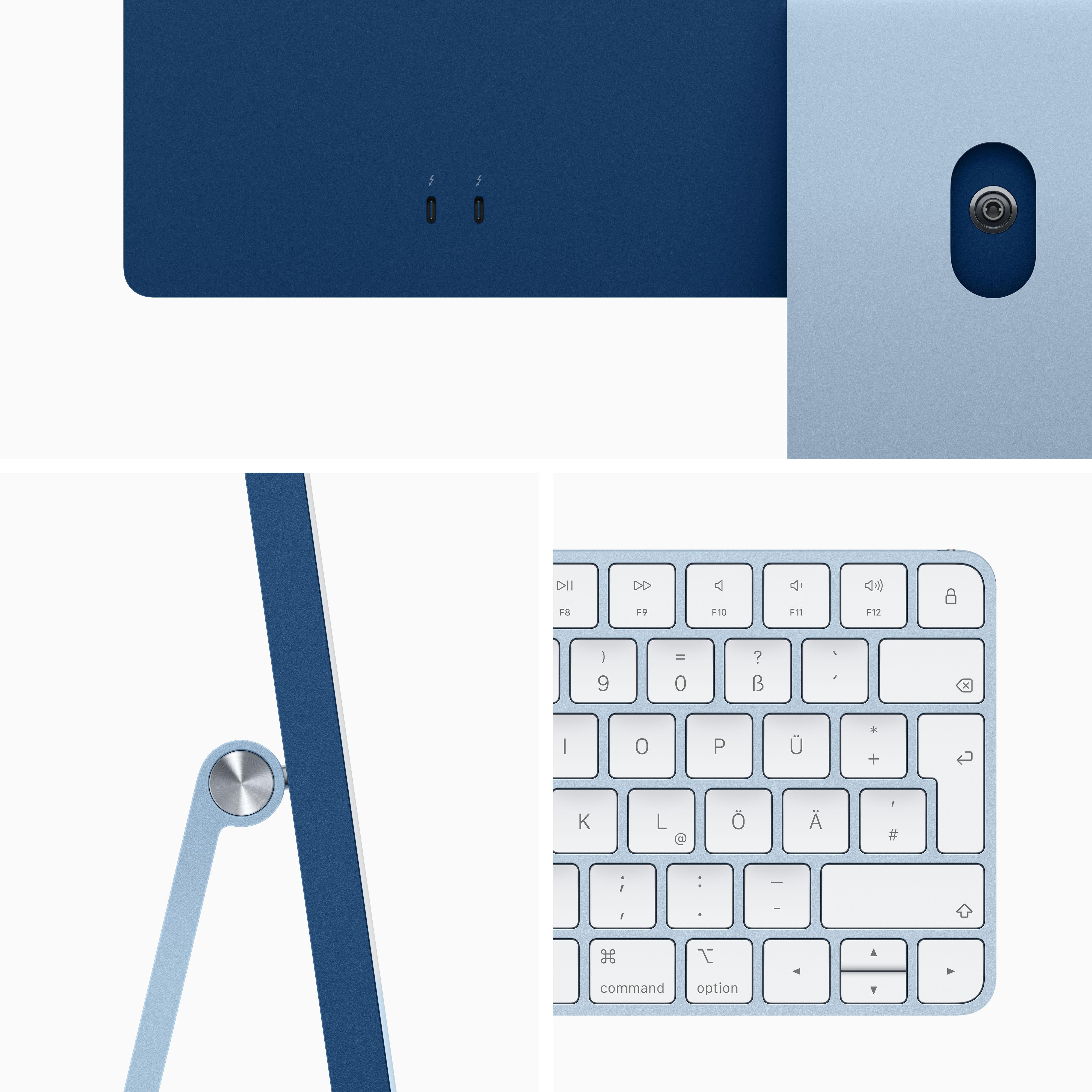 Nahaufnahme eines blauen iMac und einer Tastatur. Das Display hat Thunderbolt-Anschlüsse, die Tastatur weiße Tasten.