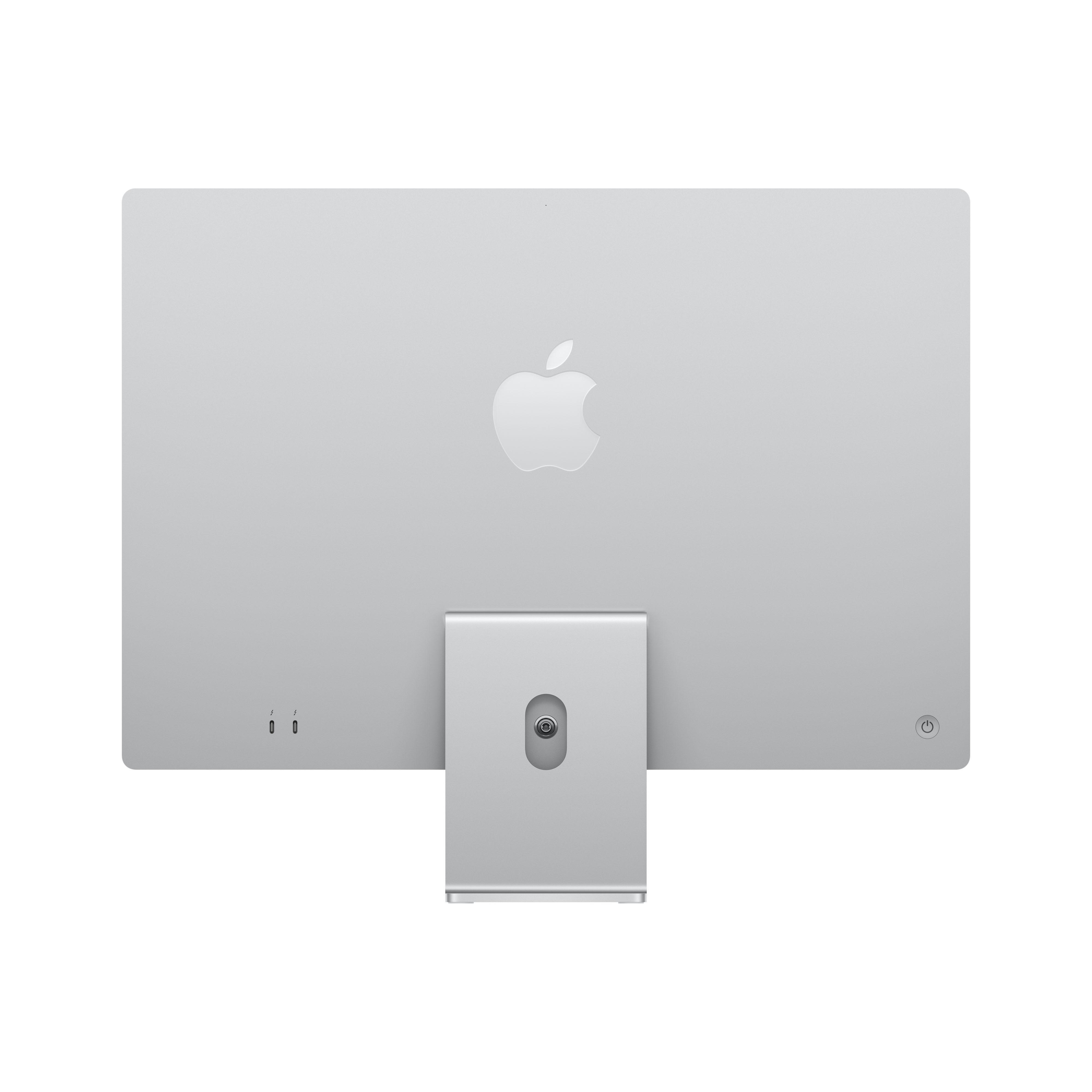 Rückansicht eines silbernen Computermonitors. Das Apple-Logo ist sichtbar.