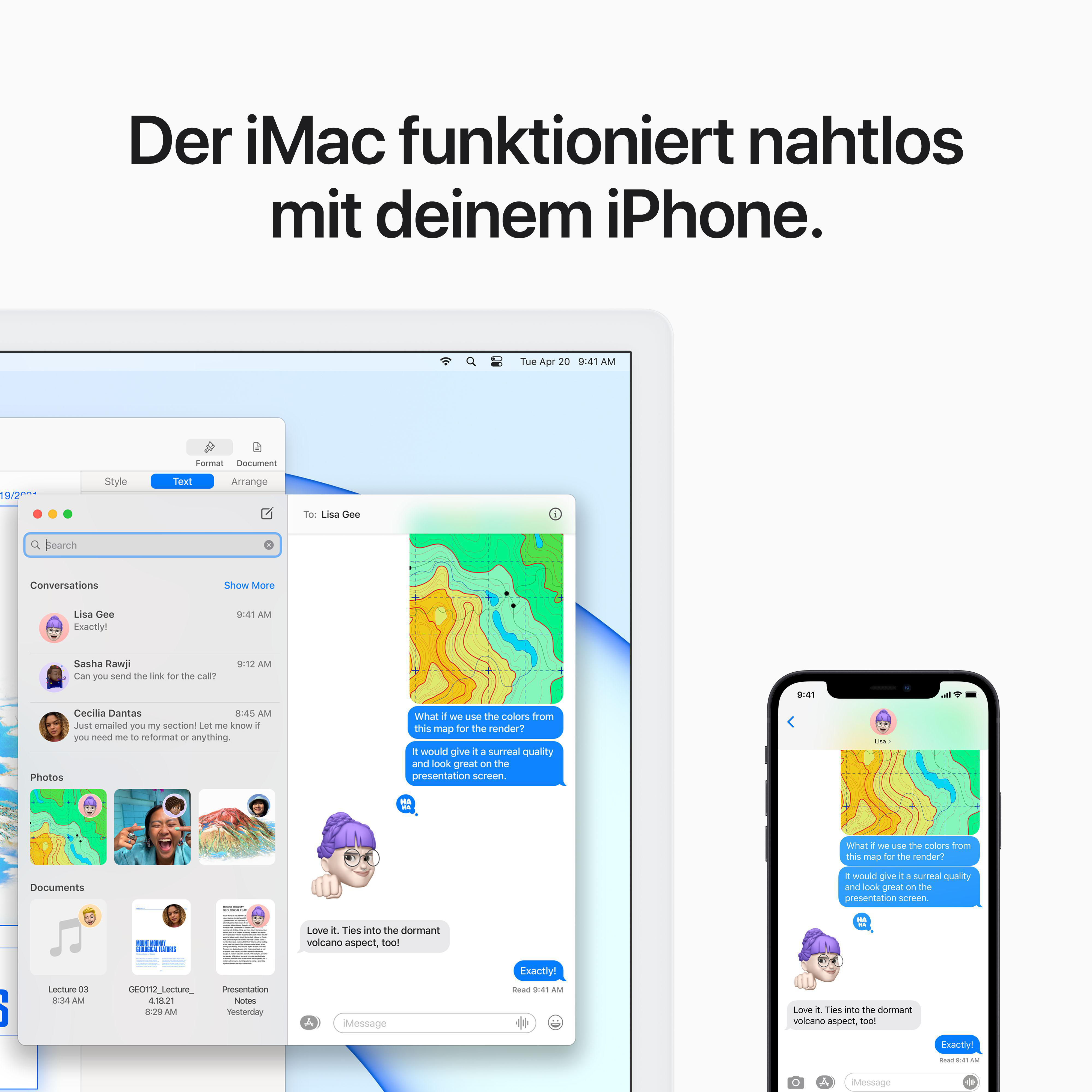 iMac- und iPhone-Bildschirme. iMac zeigt eine Messaging-App. iPhone zeigt dieselbe Konversation.