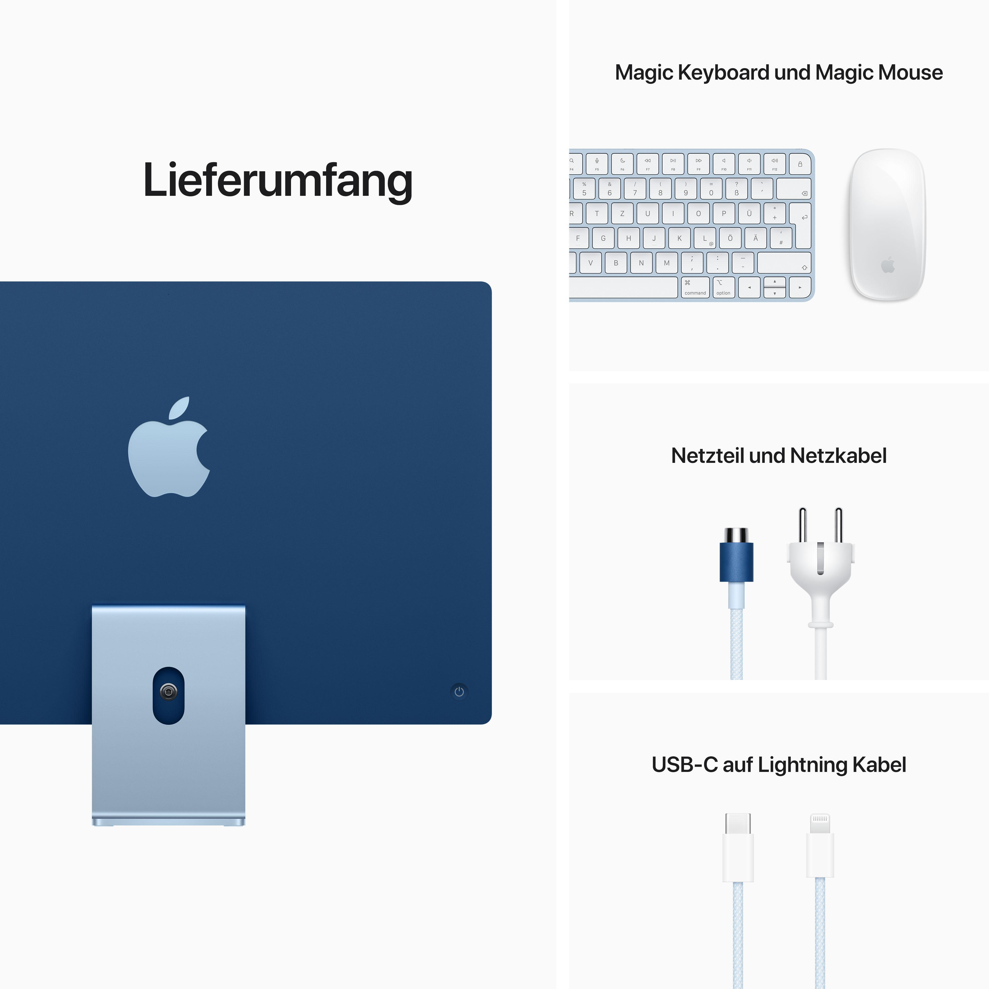 Ein iMac-Rückseite mit blauem Bildschirm und Apple-Logo sowie Zubehör: Tastatur, Maus, Kabel.