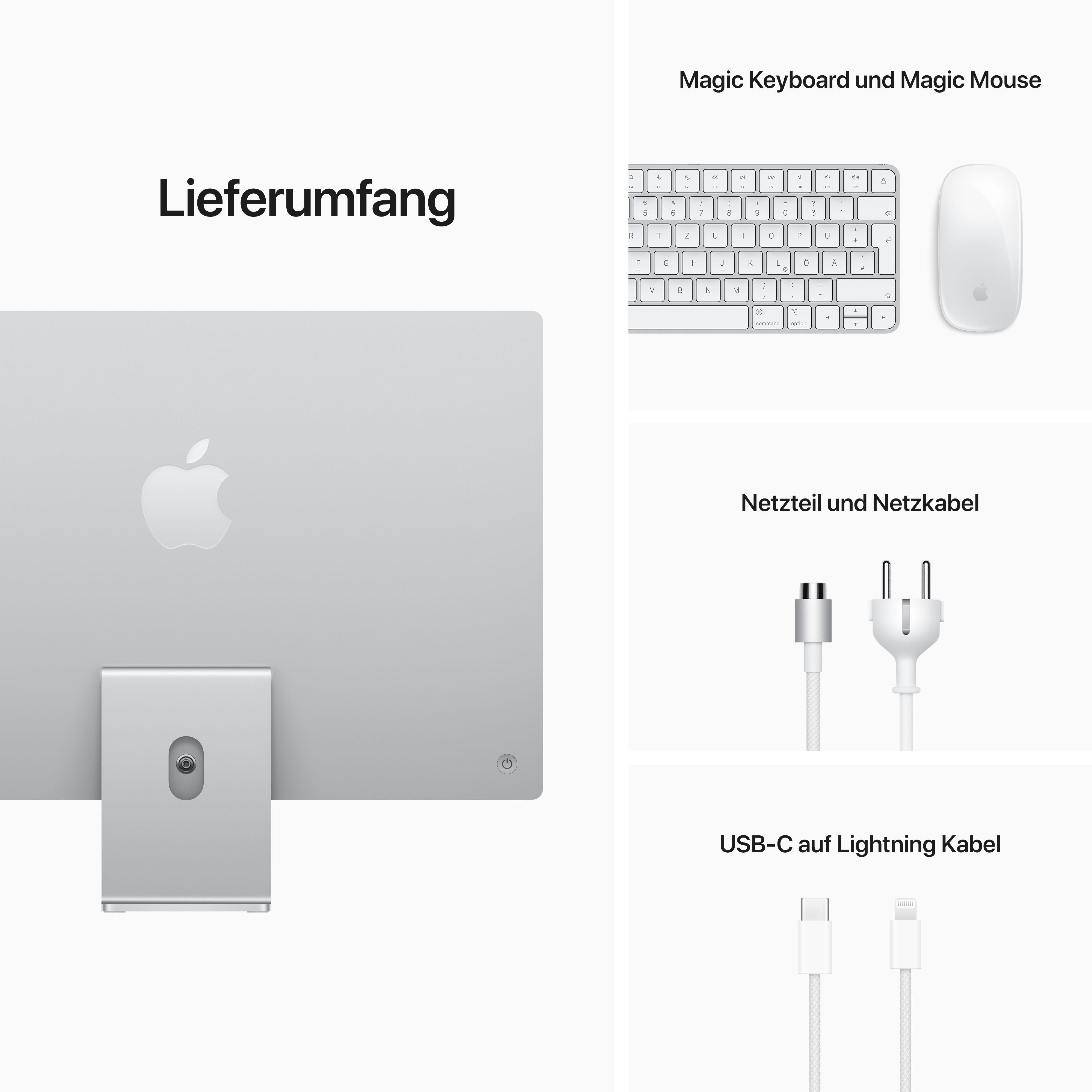 Ein iMac mit Tastatur, Maus und Kabeln. Text zeigt die enthaltenen Komponenten.