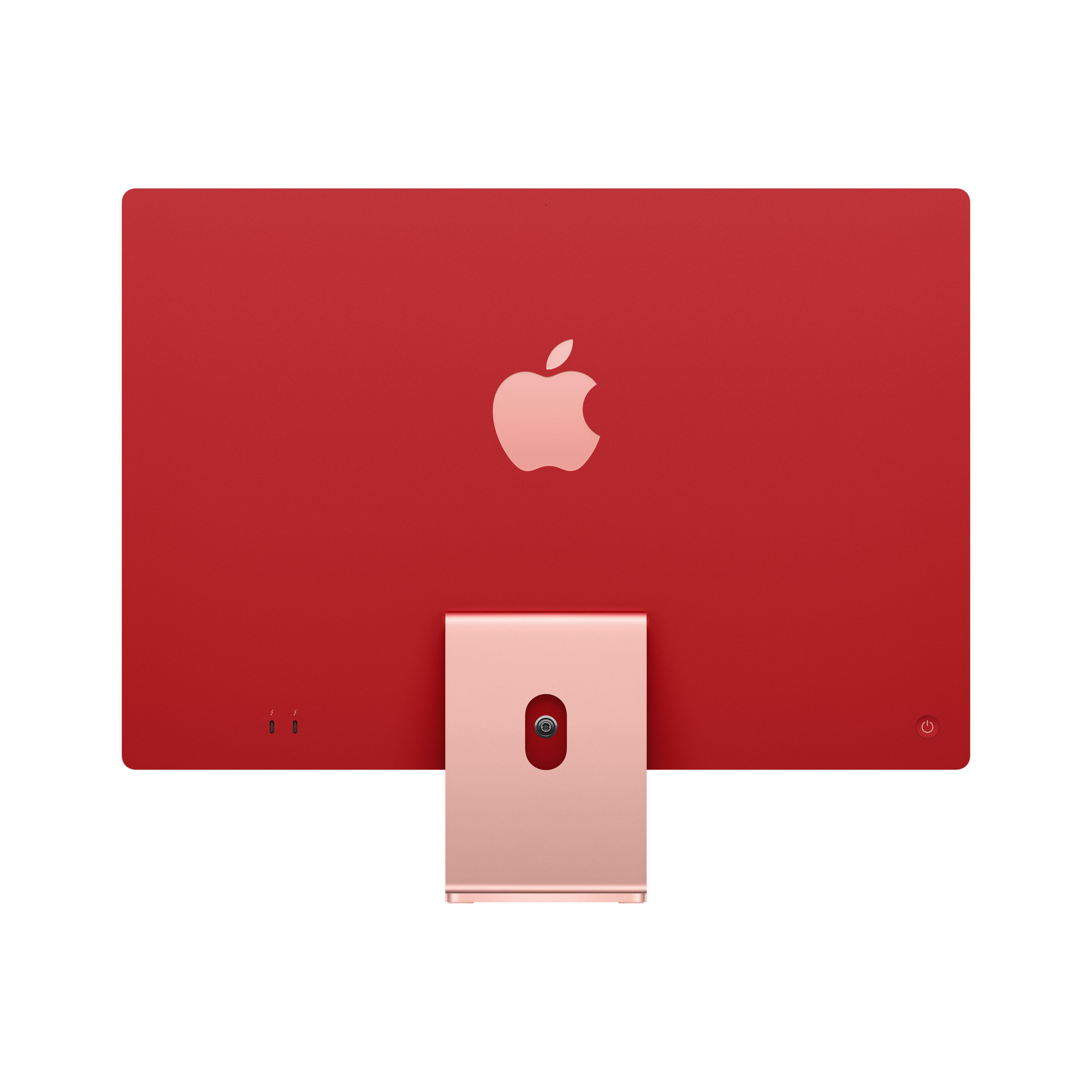 Rückseite eines roten iMac. Ein Apple-Logo ist sichtbar. Der Ständer ist hellrot.